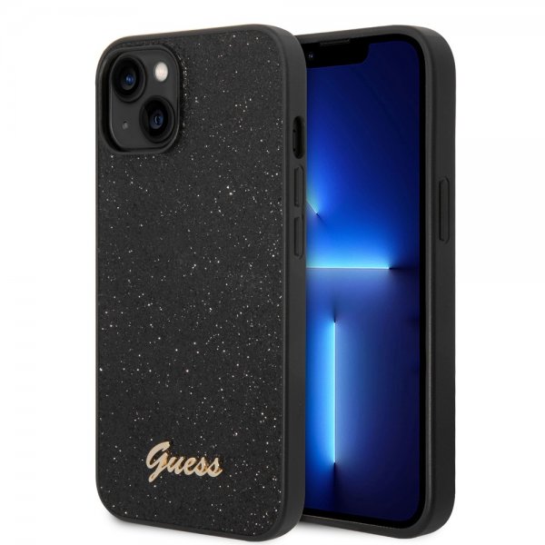 Guess iPhone 14 Cover Glitter Flakes Metal Logo Sort
