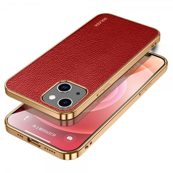 Sulada iPhone 14 Cover Litchi mønster Forgyldt kant Rød