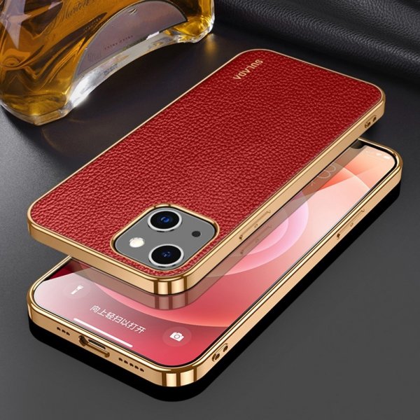 Sulada iPhone 14 Cover Litchi mønster Forgyldt kant Rød