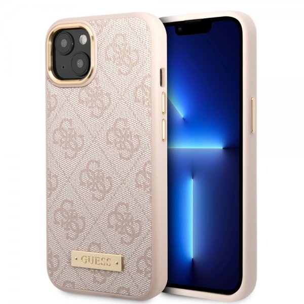 Guess iPhone 14 Cover Metal Plate Logo MagSafe Rosa