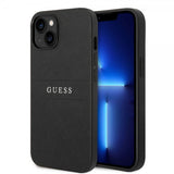 Guess iPhone 14 Cover Saffiano Metal Logo Stripes Sort