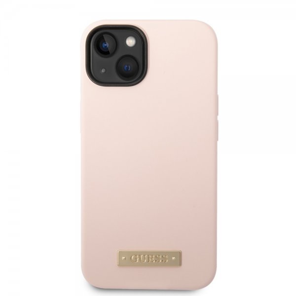 Guess iPhone 14 Cover Silikone Metalplade MagSafe Rosa