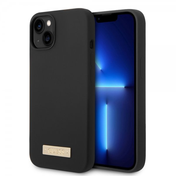 Guess iPhone 14 Skal Silikone Metalplade MagSafe Sort