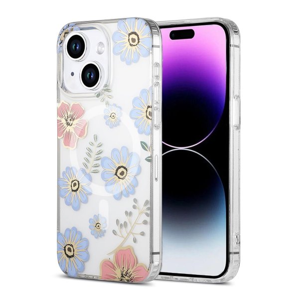 iPhone 14 Plus/iPhone 15 Plus Cover Blomstermønster MagSafe Rød Blå