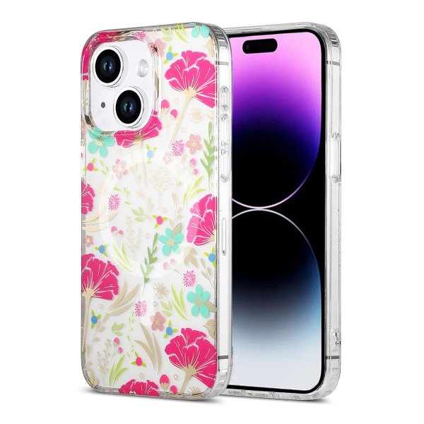 iPhone 14 Plus/iPhone 15 Plus Cover Blomstermønster MagSafe Rød Grøn