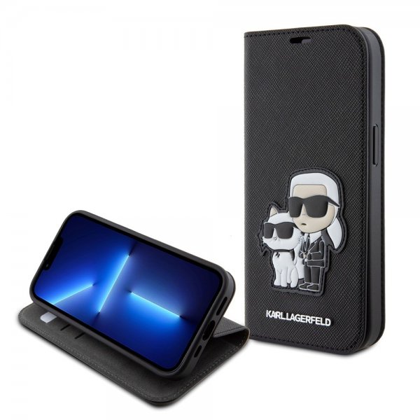 Karl Lagerfeld iPhone 15 Cover NFT Karl & Choupette Patch Saffiano Sort