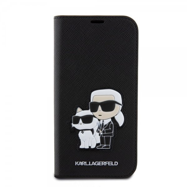 Karl Lagerfeld iPhone 15 Cover NFT Karl & Choupette Patch Saffiano Sort