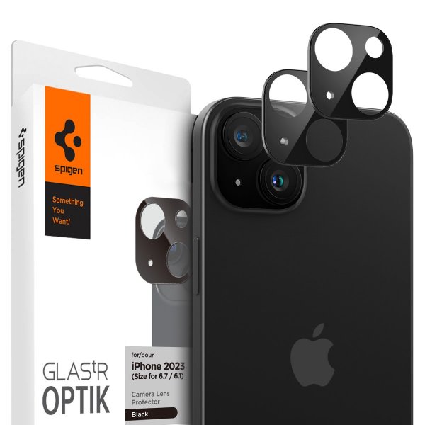 Spigen iPhone 14/15/14 Plus/15 Plus Kamerabeskyttelsesglas Glas.tR Optik Sort 2-pak