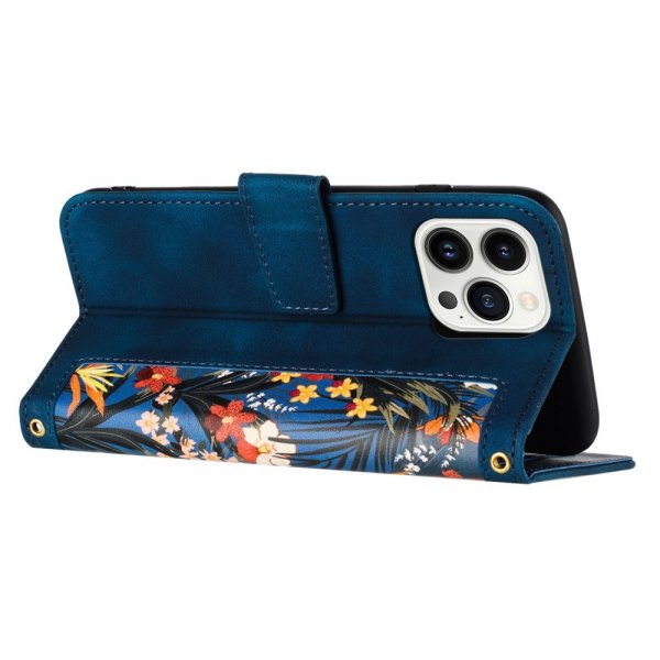 iPhone 15 Plus Etui Blomstermønster Mørkeblå