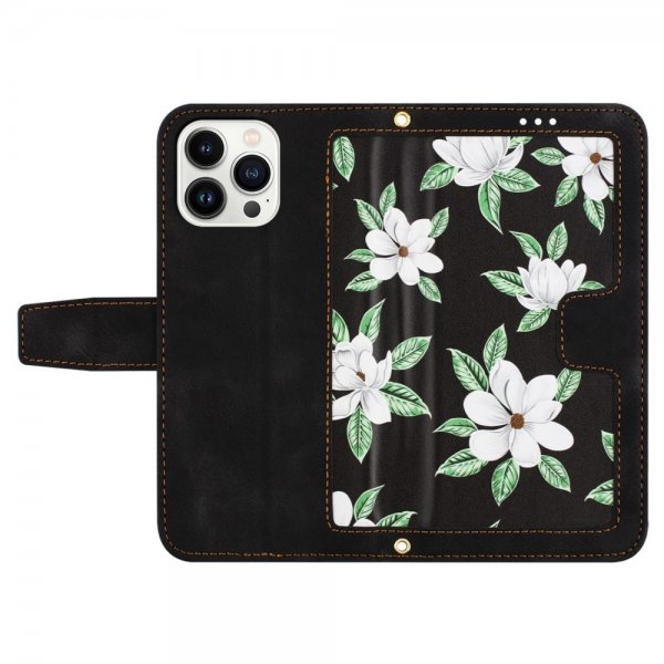 iPhone 15 Plus Etui Blomstermønster Sort