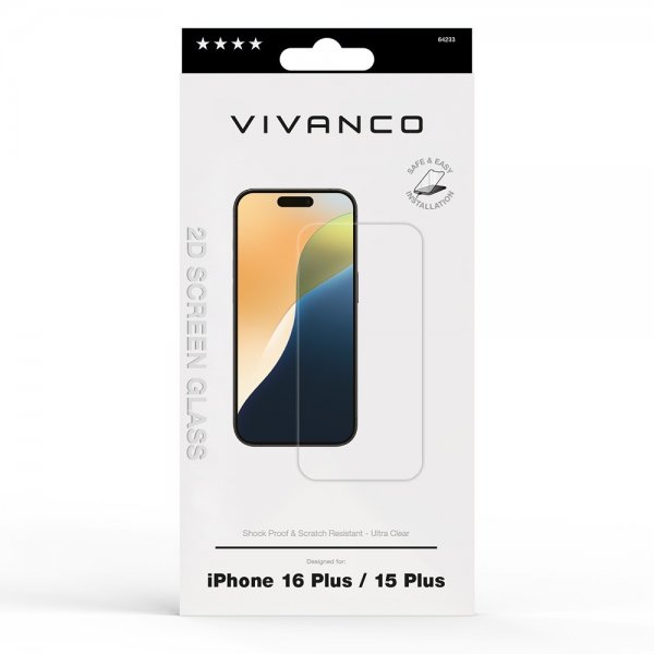Vivanco iPhone 15 Plus/iPhone 16 Plus Skærmbeskyttelse Hærdet Beskyttelsesglas 9H