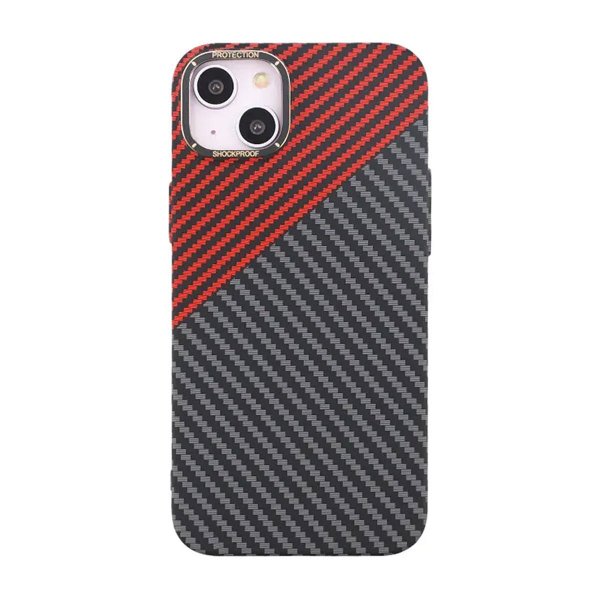 iPhone 15 Plus Cover Kulfiber Mønster Sort Rød
