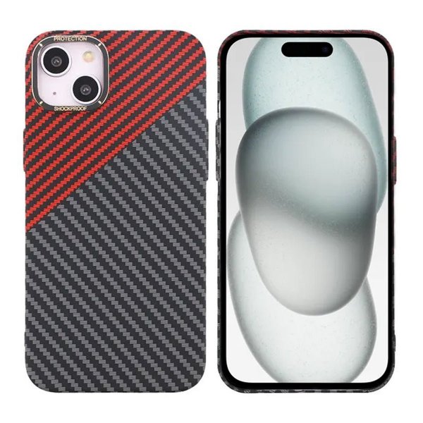 iPhone 15 Plus Cover Kulfiber Mønster Sort Rød