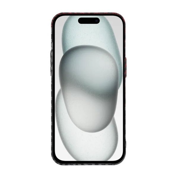 iPhone 15 Plus Cover Kulfiber Mønster Sort Rød