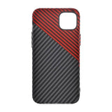 iPhone 15 Plus Cover Kulfiber Mønster Sort Rød