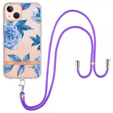 iPhone 15 Plus Cover Blomstermønster med Rem Blå Pæon