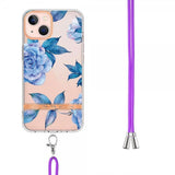 iPhone 15 Plus Cover Blomstermønster med Rem Blå Pæon