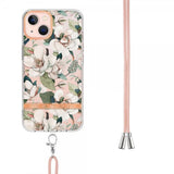iPhone 15 Plus Cover Blomstermønster med Rem Grøn Gardenia