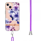 iPhone 15 Plus Cover Blomstermønster med Strap Lilla Begonia