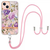 iPhone 15 Plus Cover Blomstermønster med Rem Lilla Pæon
