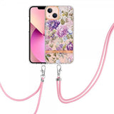 iPhone 15 Plus Cover Blomstermønster med Rem Lilla Pæon