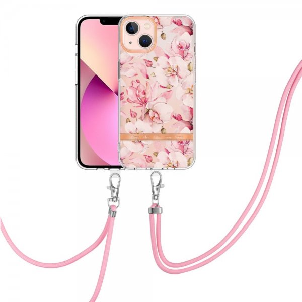 iPhone 15 Plus Cover Blomstermønster med Rem Rosa Gardenia