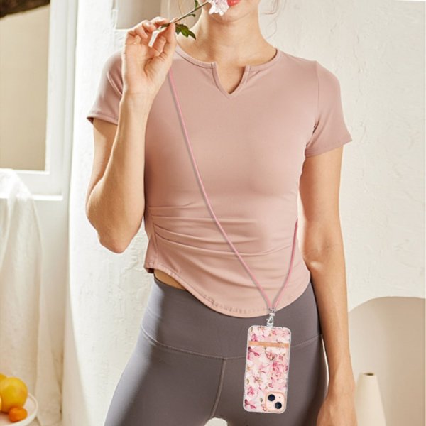 iPhone 15 Plus Cover Blomstermønster med Rem Rosa Gardenia