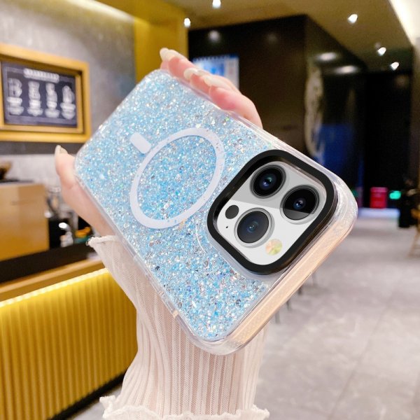 iPhone 15 Plus Cover Glitter MagSafe Blå