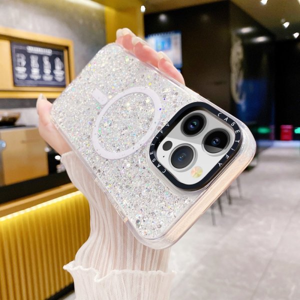 iPhone 15 Plus Cover Glitter MagSafe Hvid