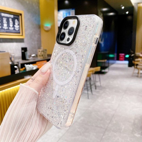 iPhone 15 Plus Cover Glitter MagSafe Hvid