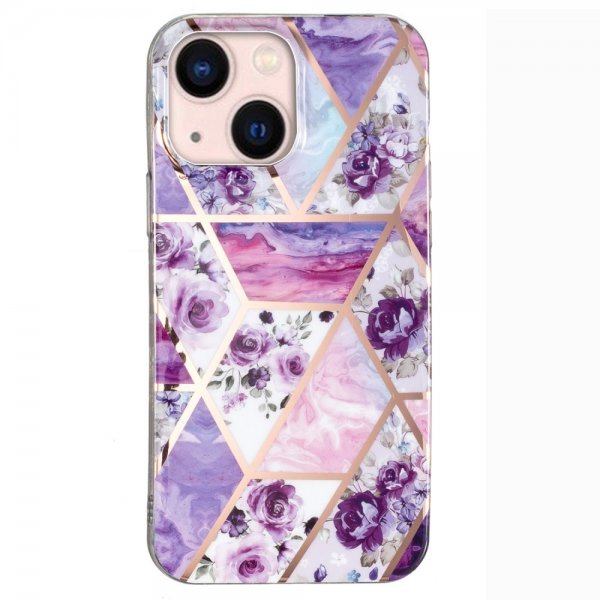 iPhone 15 Plus Cover Marmormønster Blomster Lilla