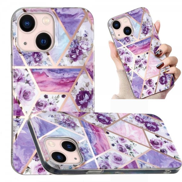 iPhone 15 Plus Cover Marmormønster Blomster Lilla