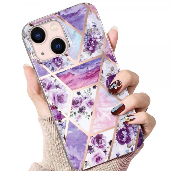 iPhone 15 Plus Cover Marmormønster Blomster Lilla