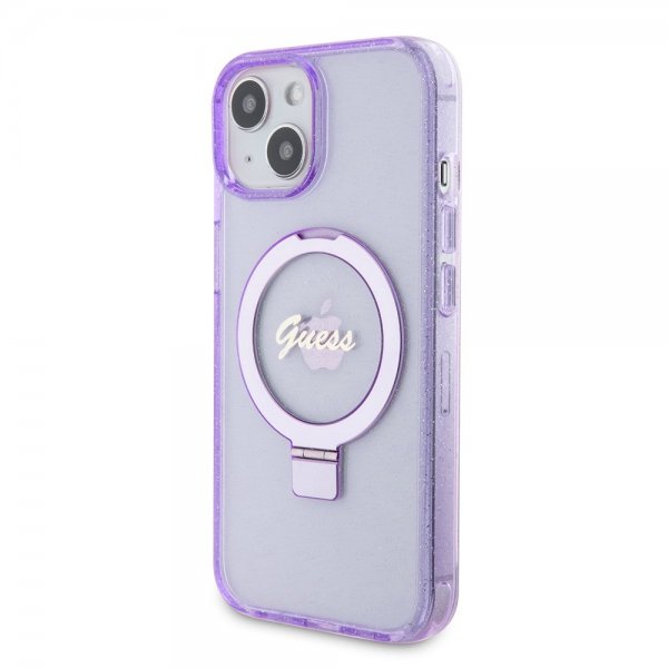 Guess iPhone 15 Plus Cover Ring Stand Glitter MagSafe Lilla