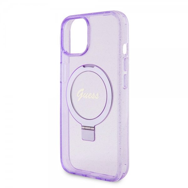 Guess iPhone 15 Plus Cover Ring Stand Glitter MagSafe Lilla