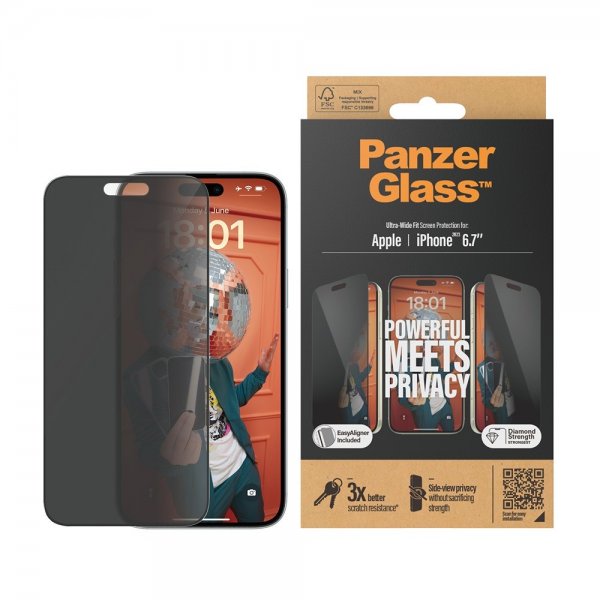 PanzerGlass iPhone 15 Plus Skærmbeskyttelse Ultra-Wide Fit Privacy EasyAligner