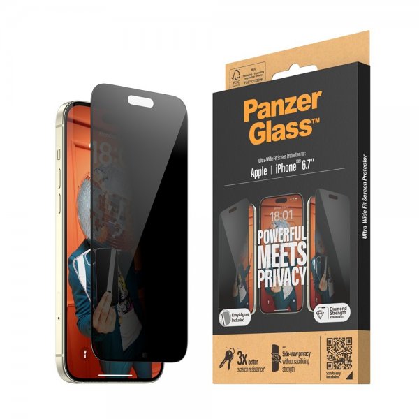 PanzerGlass iPhone 15 Plus Skærmbeskyttelse Ultra-Wide Fit Privacy EasyAligner