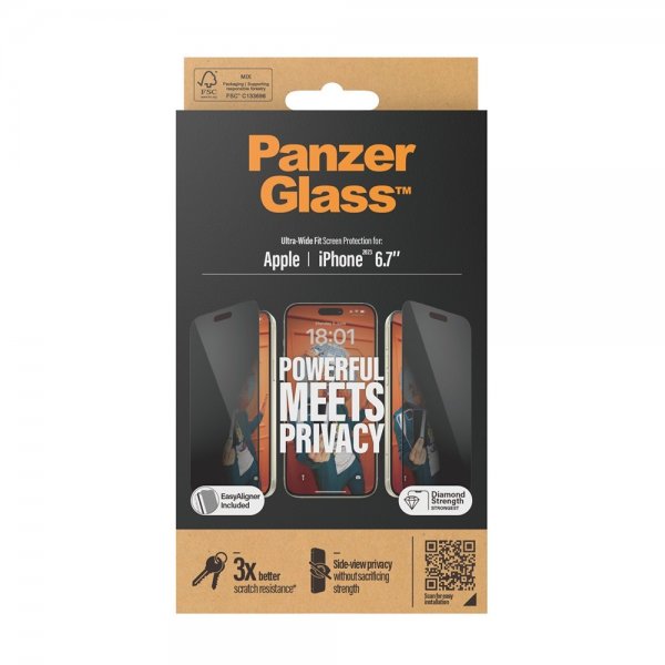 PanzerGlass iPhone 15 Plus Skærmbeskyttelse Ultra-Wide Fit Privacy EasyAligner
