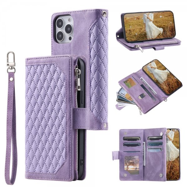 iPhone 15 Pro Cover Diamantmønster Lynlås Lilla