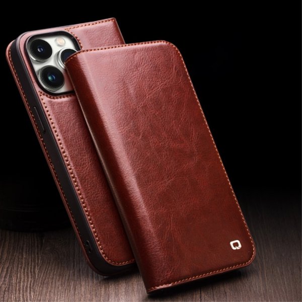 Qialino iPhone 15 Pro Max Etui Ægte Læder Brun