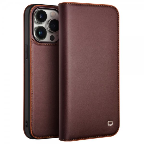 Qialino iPhone 15 Pro Max Etui Ægte læder Mat Brun