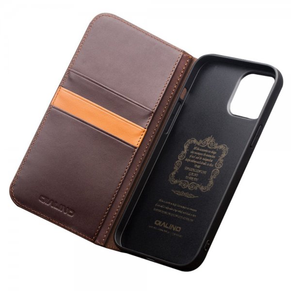 Qialino iPhone 15 Pro Max Etui Ægte læder Mat Brun