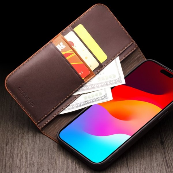Qialino iPhone 15 Pro Max Etui Ægte læder Mat Brun