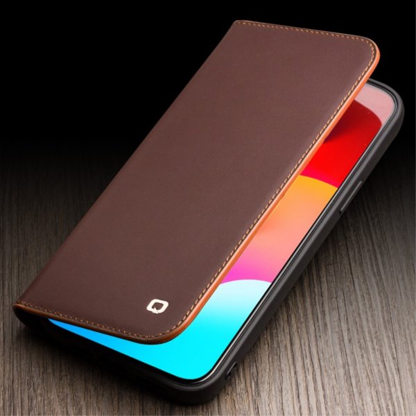 Qialino iPhone 15 Pro Max Etui Ægte læder Mat Brun