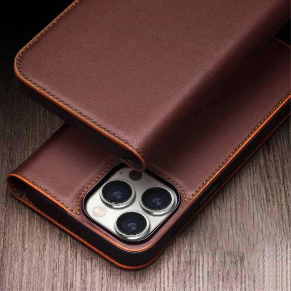 Qialino iPhone 15 Pro Max Etui Ægte læder Mat Brun