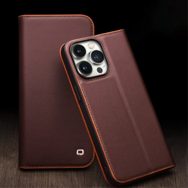 Qialino iPhone 15 Pro Max Etui Ægte læder Mat Brun