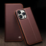 Qialino iPhone 15 Pro Max Etui Ægte læder Mat Brun