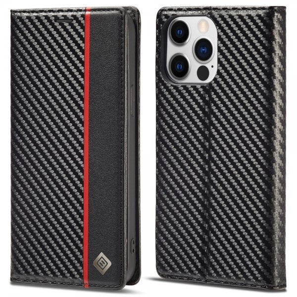 Lc.Imeeke iPhone 15 Pro Max Cover Kulstoffiberstruktur Rød Stribe Vertikal Sort
