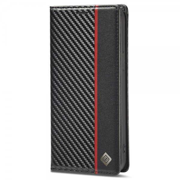 Lc.Imeeke iPhone 15 Pro Max Cover Kulstoffiberstruktur Rød Stribe Vertikal Sort