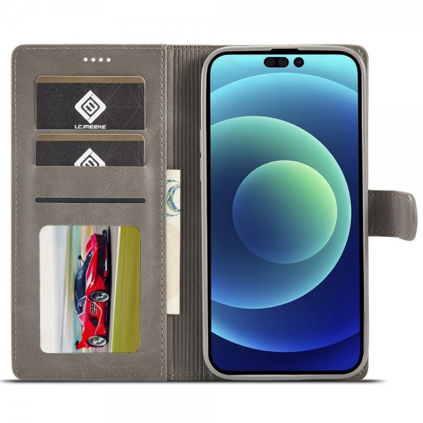 Lc.Imeeke iPhone 15 Pro Max Cover med Kortlomme Kickstand-funktion Grå